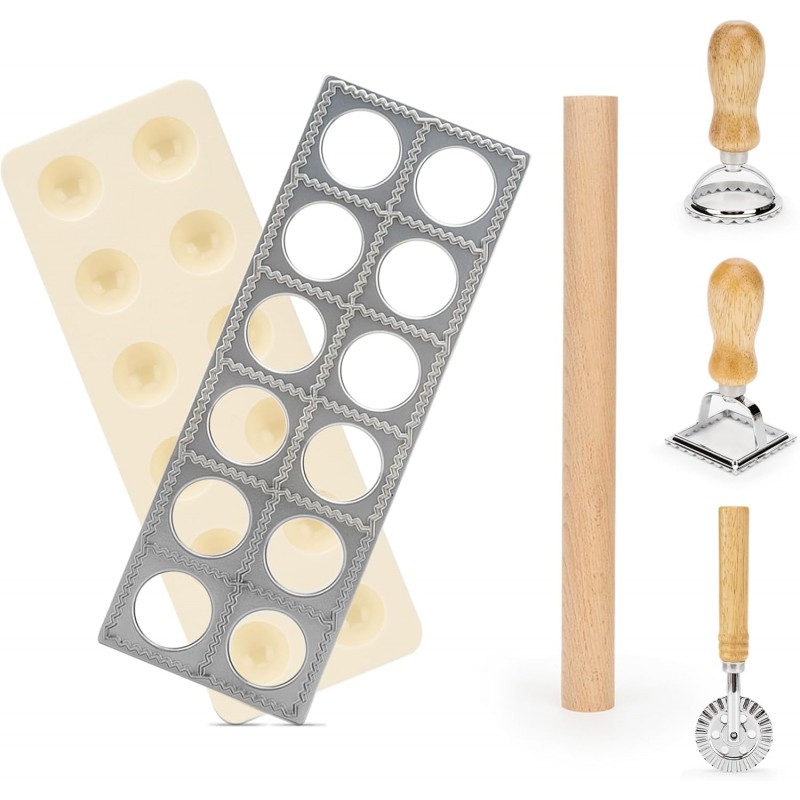 5 Pcs Ravioli Maker Set, Ravioli Cutter and Ravioli Mold with Wood Rolling Pin, 2-Inch Square Pasta Stamp Press for Homemade Italian Ravioli, Kitchen Pasta Making Tools for Baking Enthusiasts