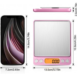0.01g High Precision Kitchen Food Scale, Diyife 500g Portable Digital Scale with LCD Display, Tare, Multifunctional Gram Scale Weight for Cooking, Baking, Jewelry, 2 Tray, Batteries Included, Pink
