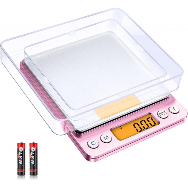 0.01g High Precision Kitchen Food Scale, Diyife 500g Portable Digital Scale with LCD Display, Tare, Multifunctional Gram Scale Weight for Cooking, Baking, Jewelry, 2 Tray, Batteries Included, Pink