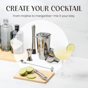 Mixology & Craft Cocktail Shaker Set with Bamboo Stand - Professional 18oz 10-Piece Bartender Kit - Complete Bar Set & Cocktail Mixer Kit for Home (Silver)