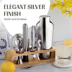 Mixology & Craft Cocktail Shaker Set with Bamboo Stand - Professional 18oz 10-Piece Bartender Kit - Complete Bar Set & Cocktail Mixer Kit for Home (Silver)