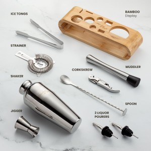 Mixology & Craft Cocktail Shaker Set with Bamboo Stand - Professional 18oz 10-Piece Bartender Kit - Complete Bar Set & Cocktail Mixer Kit for Home (Silver)