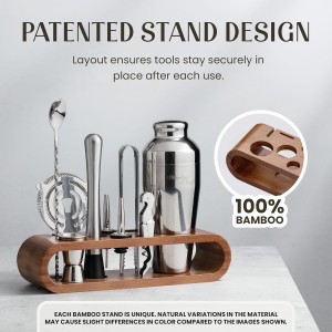 Mixology & Craft Cocktail Shaker Set with Dark Bamboo Stand - Professional 18oz 10-Piece Bartender Kit - Complete Bar Set & Cocktail Mixer Kit for Home (Silver)