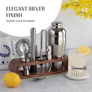 Mixology & Craft Cocktail Shaker Set with Dark Bamboo Stand - Professional 18oz 10-Piece Bartender Kit - Complete Bar Set & Cocktail Mixer Kit for Home (Silver)