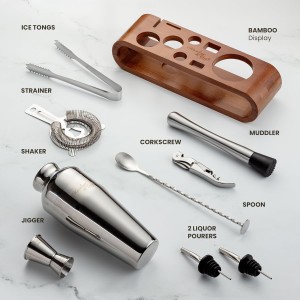 Mixology & Craft Cocktail Shaker Set with Dark Bamboo Stand - Professional 18oz 10-Piece Bartender Kit - Complete Bar Set & Cocktail Mixer Kit for Home (Silver)