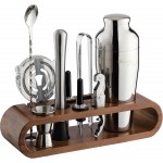 Mixology & Craft Cocktail Shaker Set with Dark Bamboo Stand - Professional 18oz 10-Piece Bartender Kit - Complete Bar Set & Cocktail Mixer Kit for Home (Silver)