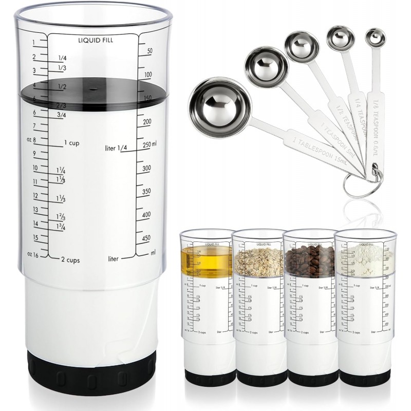 6 Pcs Adjustable Measuring Cup Set Include 2 Cup Measuring Cups 5 Pcs Measuring Spoons for Liquid Dry Semi-solid Ingredients, Metric Standard Units, Space-saving Kitchen Baking Tool