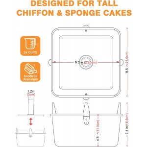 Roicaholy Square Angel Food Cake Pan with Removable Bottom, 9.5 Inch Aluminum Alloy Tube Pan with Cooling Feet, 24-Cup Capacity for Chiffon and Sponge Cakes