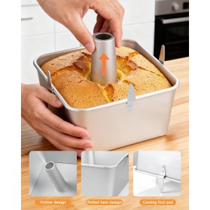 Roicaholy Square Angel Food Cake Pan with Removable Bottom, 9.5 Inch Aluminum Alloy Tube Pan with Cooling Feet, 24-Cup Capacity for Chiffon and Sponge Cakes