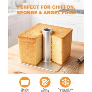 Roicaholy Square Angel Food Cake Pan with Removable Bottom, 9.5 Inch Aluminum Alloy Tube Pan with Cooling Feet, 24-Cup Capacity for Chiffon and Sponge Cakes
