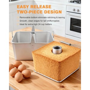 Roicaholy Square Angel Food Cake Pan with Removable Bottom, 9.5 Inch Aluminum Alloy Tube Pan with Cooling Feet, 24-Cup Capacity for Chiffon and Sponge Cakes