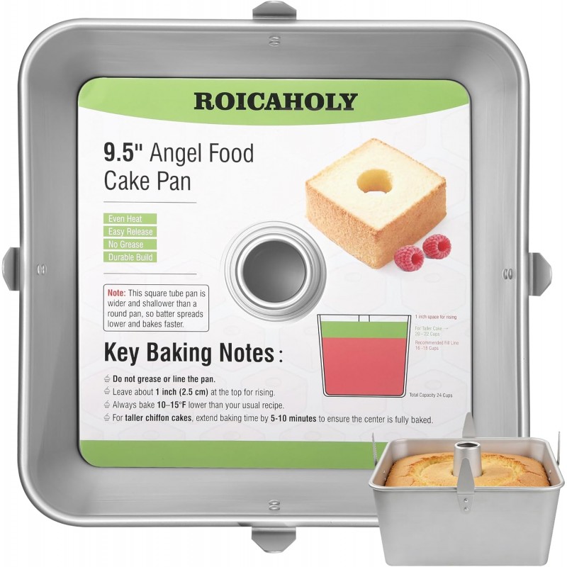 Roicaholy Square Angel Food Cake Pan with Removable Bottom, 9.5 Inch Aluminum Alloy Tube Pan with Cooling Feet, 24-Cup Capacity for Chiffon and Sponge Cakes