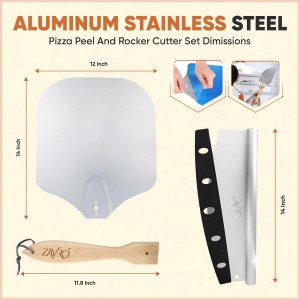 Aluminum Pizza Peel & Stainless Steel Rocker Cutter Set – 12×14 Inch Pizza Paddle with Foldable Wooden Handle, Storage Bag Included, Lightweight Pizza Spatula for Home & Outdoor Pizza Ovens