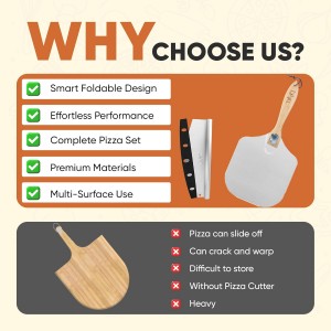 Aluminum Pizza Peel & Stainless Steel Rocker Cutter Set – 12×14 Inch Pizza Paddle with Foldable Wooden Handle, Storage Bag Included, Lightweight Pizza Spatula for Home & Outdoor Pizza Ovens