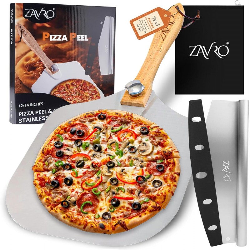 Aluminum Pizza Peel & Stainless Steel Rocker Cutter Set – 12×14 Inch Pizza Paddle with Foldable Wooden Handle, Storage Bag Included, Lightweight Pizza Spatula for Home & Outdoor Pizza Ovens