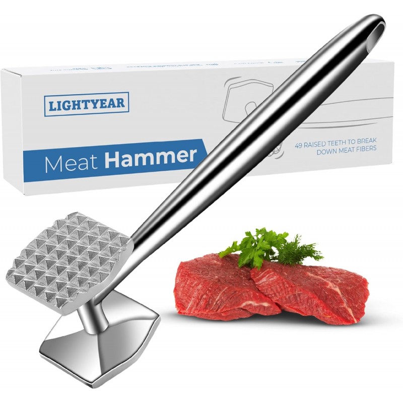 Lightyear Meat Hammer 304 Stainless Steel Meat Tenderizer Tool, Kitchen Mallet for Cooking, Ice Cracking, Shellfish Prep, Crush Spices and Nuts with Ease - All Metal Food Hammer for Daily Use
