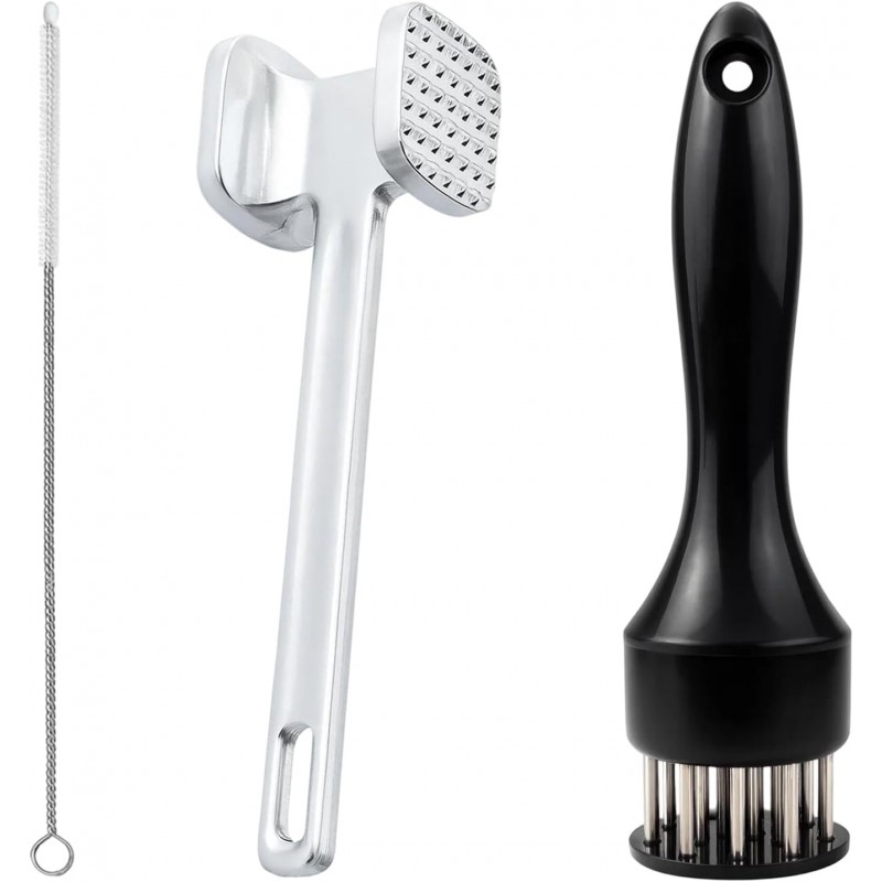 2 Pack Meat Tenderizer Set with Cleaning Brush, 21 Needle Stainless Steel Meat Tenderizer Tool Plus Small Square Head Meat Hammer for Chicken, Steak and Beef Preparation, Black Storage Bag Included