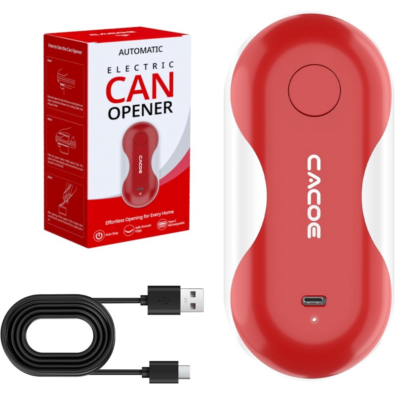 CACOE Automatic Smart Electric Can Opener with Auto Stop & USB-C Charging - Cordless Can Opener for Elderly and Arthritic Users for Seniors & Arthritis, Effortless One-Touch Open (red)