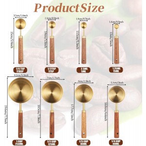 8 PCS Gold Measuring Cups and Spoons Set, Stainless Steel Measuring Cups with Wooden Handles Measure Cup Stackable With US Measurements, Metric Cup for Baking and Cooking