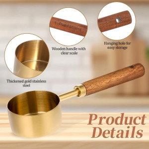 8 PCS Gold Measuring Cups and Spoons Set, Stainless Steel Measuring Cups with Wooden Handles Measure Cup Stackable With US Measurements, Metric Cup for Baking and Cooking