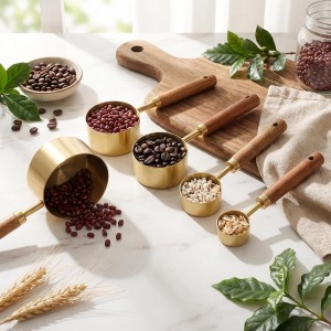 8 PCS Gold Measuring Cups and Spoons Set, Stainless Steel Measuring Cups with Wooden Handles Measure Cup Stackable With US Measurements, Metric Cup for Baking and Cooking