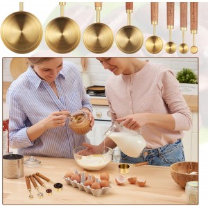 8 PCS Gold Measuring Cups and Spoons Set, Stainless Steel Measuring Cups with Wooden Handles Measure Cup Stackable With US Measurements, Metric Cup for Baking and Cooking