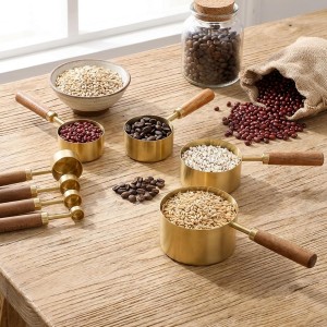 8 PCS Gold Measuring Cups and Spoons Set, Stainless Steel Measuring Cups with Wooden Handles Measure Cup Stackable With US Measurements, Metric Cup for Baking and Cooking