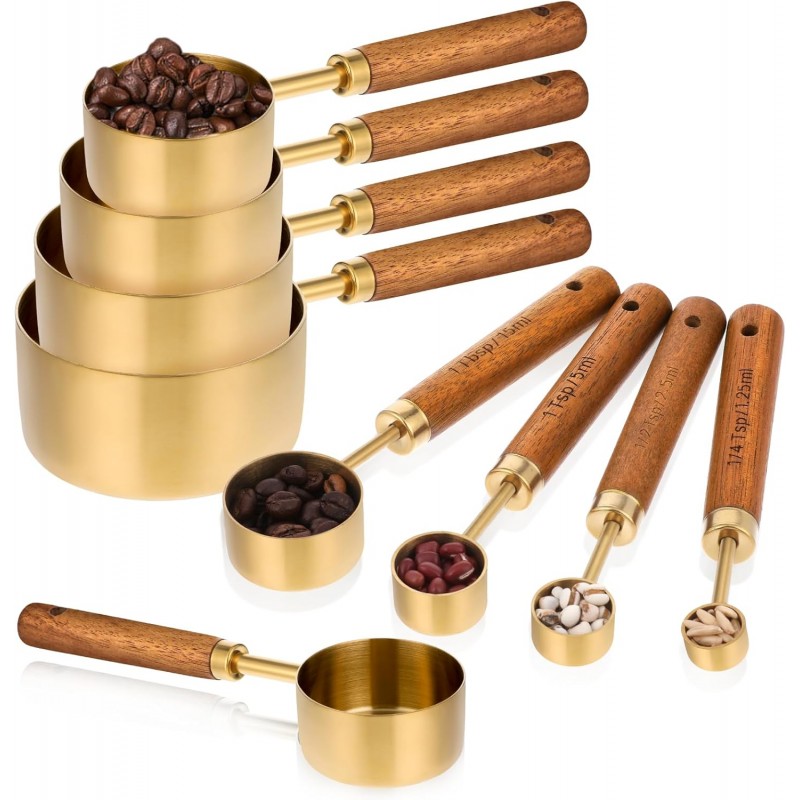 8 PCS Gold Measuring Cups and Spoons Set, Stainless Steel Measuring Cups with Wooden Handles Measure Cup Stackable With US Measurements, Metric Cup for Baking and Cooking