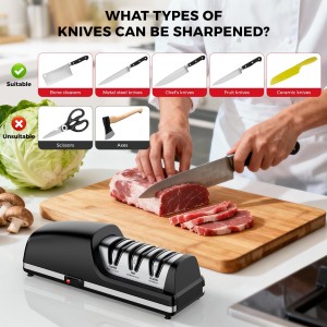 Professional Electric Knife Sharpener, 3-Stage Diamond Abrasive Sharpening System, Replaceable Sharpening Heads, 15° Precision Angle Guide for Kitchen Knives, Quick Blade Repair and Restoration