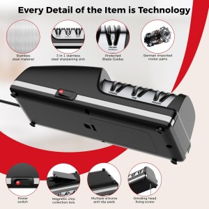 Professional Electric Knife Sharpener, 3-Stage Diamond Abrasive Sharpening System, Replaceable Sharpening Heads, 15° Precision Angle Guide for Kitchen Knives, Quick Blade Repair and Restoration