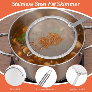 Stainless Steel Fat Skimmer Spoon 4” Fine Mesh Strainer with 9” Heat-Resistant Handle Grease Strainer Spoon Fat Separator for Cooking Frying Quinoa Soup Miso Foam Grease