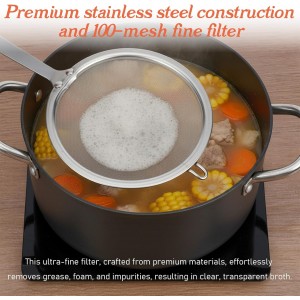 Stainless Steel Fat Skimmer Spoon 4” Fine Mesh Strainer with 9” Heat-Resistant Handle Grease Strainer Spoon Fat Separator for Cooking Frying Quinoa Soup Miso Foam Grease