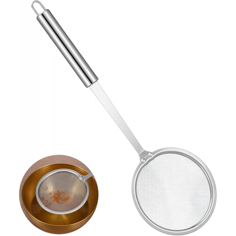 Stainless Steel Fat Skimmer Spoon 4” Fine Mesh Strainer with 9” Heat-Resistant Handle Grease Strainer Spoon Fat Separator for Cooking Frying Quinoa Soup Miso Foam Grease