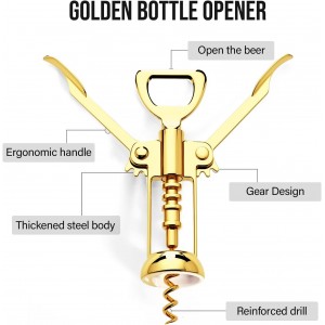 Gold Wine Opener, Zinc Alloy Premium Wing Corkscrew with Multifunctional Bottles Opener, Sharp Wine Corkscrew