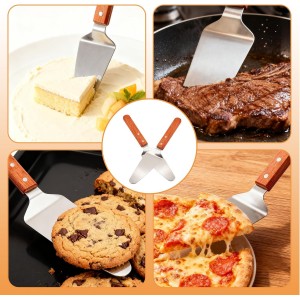 4 Pack Stainless Steel Pizza Servers with Wooden Handle, Pizza Cutter Cake Cutter Triangular Spade Pie Pastry Spatula for Tart, Dessert