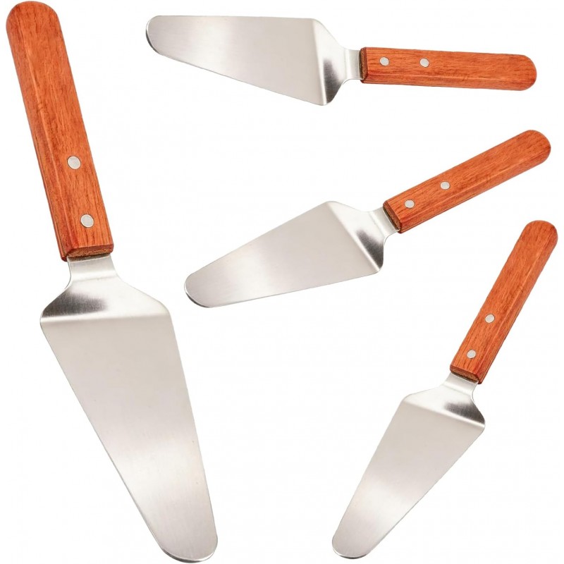 4 Pack Stainless Steel Pizza Servers with Wooden Handle, Pizza Cutter Cake Cutter Triangular Spade Pie Pastry Spatula for Tart, Dessert