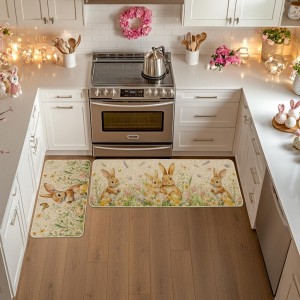 Artoid Mode Rabbit Bunny Tulip Flowers Easter Kitchen Mats Set of 2, Spring Home Decor Low-Profile Kitchen Rugs for Floor - 17x29 and 17x47 Inch