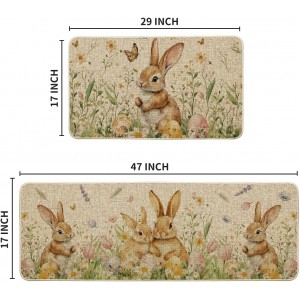 Artoid Mode Rabbit Bunny Tulip Flowers Easter Kitchen Mats Set of 2, Spring Home Decor Low-Profile Kitchen Rugs for Floor - 17x29 and 17x47 Inch