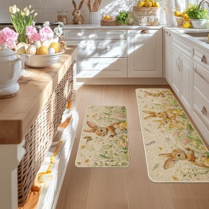 Artoid Mode Rabbit Bunny Tulip Flowers Easter Kitchen Mats Set of 2, Spring Home Decor Low-Profile Kitchen Rugs for Floor - 17x29 and 17x47 Inch