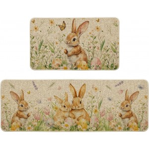 Artoid Mode Rabbit Bunny Tulip Flowers Easter Kitchen Mats Set of 2, Spring Home Decor Low-Profile Kitchen Rugs for Floor - 17x29 and 17x47 Inch