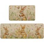 Artoid Mode Rabbit Bunny Tulip Flowers Easter Kitchen Mats Set of 2, Spring Home Decor Low-Profile Kitchen Rugs for Floor - 17x29 and 17x47 Inch