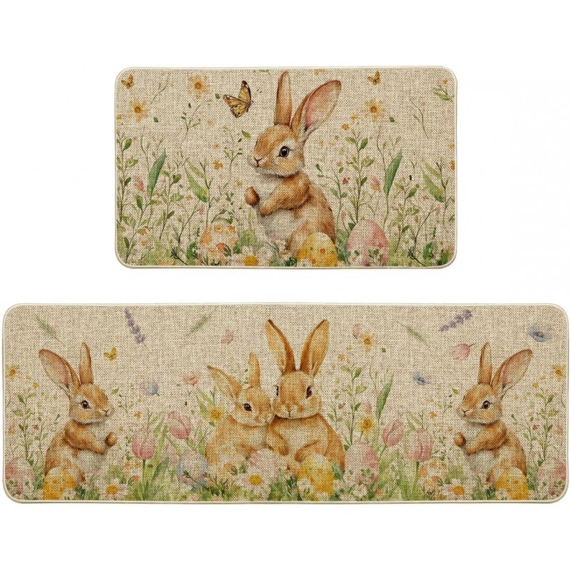 Artoid Mode Rabbit Bunny Tulip Flowers Easter Kitchen Mats Set of 2, Spring Home Decor Low-Profile Kitchen Rugs for Floor - 17x29 and 17x47 Inch