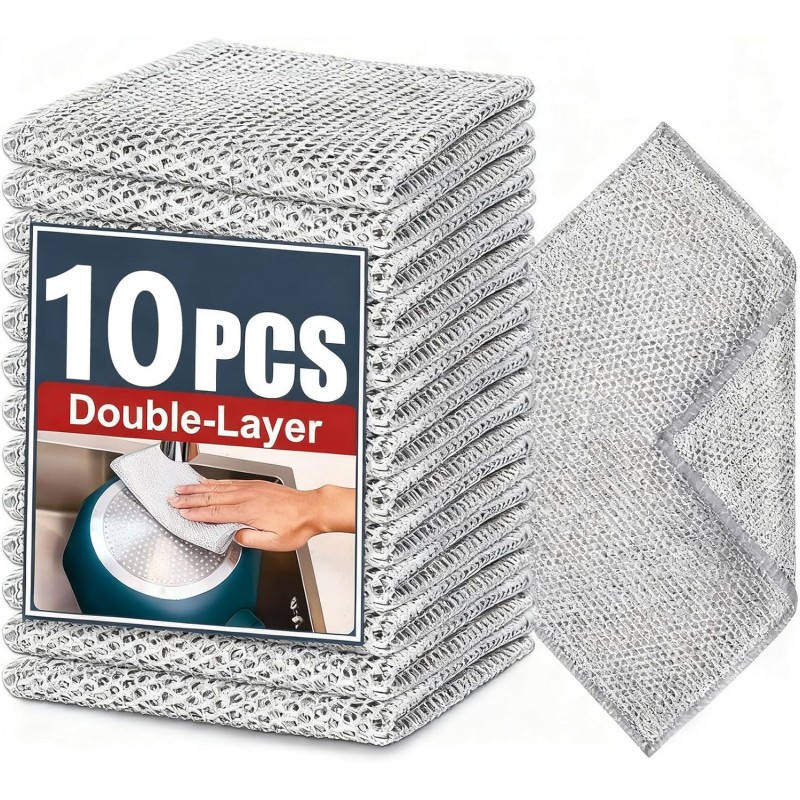 Double-Layer Steel Wire Cleaning Cloth - Non-Scratch Wire Dishcloth Rag Heavy Duty Scrub Pads Multi-Purpose Silver Mesh Scouring Pads for Dishes, Pots, Pans (10 pcs)