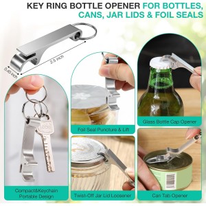 Jar Openers for Weak Hands, 4 Piece Kitchen Opening Set with 5 in 1 Bottle Opener, Adjustable Stainless Steel Jar Opener and 2 Keychain Bottle Openers, Easy Grip Solution for Seniors & Arthritis