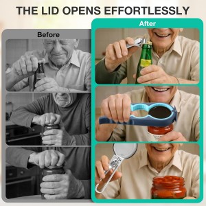 Jar Openers for Weak Hands, 4 Piece Kitchen Opening Set with 5 in 1 Bottle Opener, Adjustable Stainless Steel Jar Opener and 2 Keychain Bottle Openers, Easy Grip Solution for Seniors & Arthritis