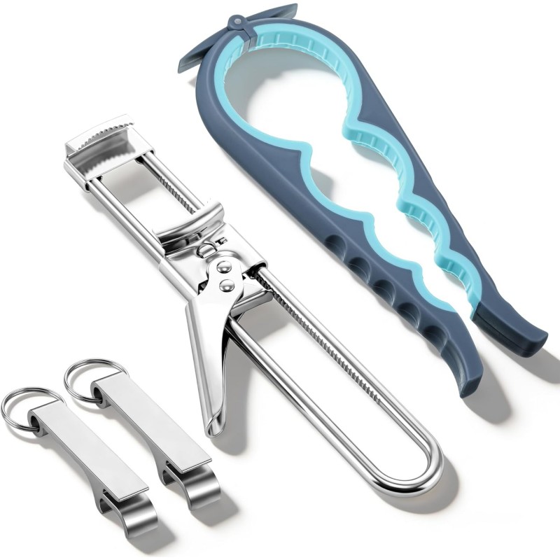 Jar Openers for Weak Hands, 4 Piece Kitchen Opening Set with 5 in 1 Bottle Opener, Adjustable Stainless Steel Jar Opener and 2 Keychain Bottle Openers, Easy Grip Solution for Seniors & Arthritis