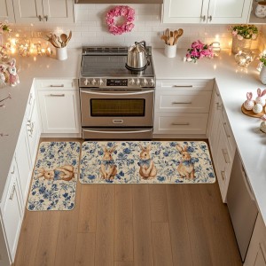 Artoid Mode Rabbit Bunny Chinoiserie Flowers Easter Kitchen Mats Set of 2, Spring Home Decor Low-Profile Kitchen Rugs for Floor - 17x29 and 17x47 Inch