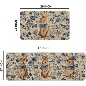 Artoid Mode Rabbit Bunny Chinoiserie Flowers Easter Kitchen Mats Set of 2, Spring Home Decor Low-Profile Kitchen Rugs for Floor - 17x29 and 17x47 Inch