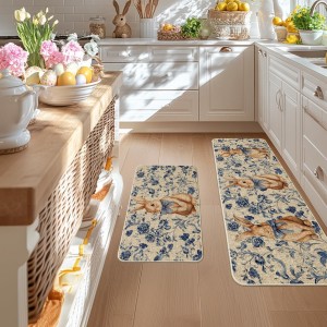 Artoid Mode Rabbit Bunny Chinoiserie Flowers Easter Kitchen Mats Set of 2, Spring Home Decor Low-Profile Kitchen Rugs for Floor - 17x29 and 17x47 Inch
