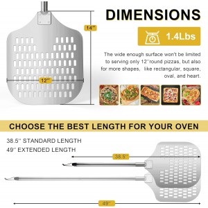 Joyfair 12 Inch Perforated Pizza Peel Aluminum Pizzas Spatula, Metal Pizza Paddle with Rocker Cutter Pizza Oven Accessories Turning Tool Set, 38.5”- 49” Long Detachable Handles (SS Handle)